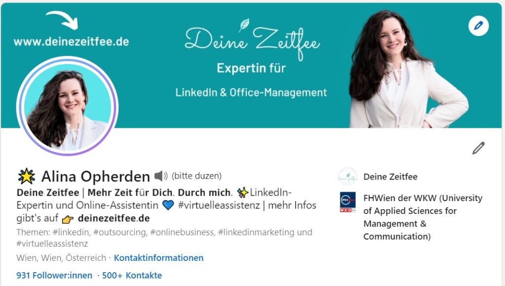 Das LinkedIn-Profil von Alina Opherden, Gründerin von Deine Zeitfee aus Österreich.